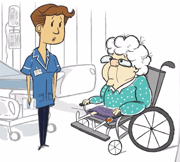 screenshot from catheter care animation showing a lady with catheter in a wheelchair and a health care professional