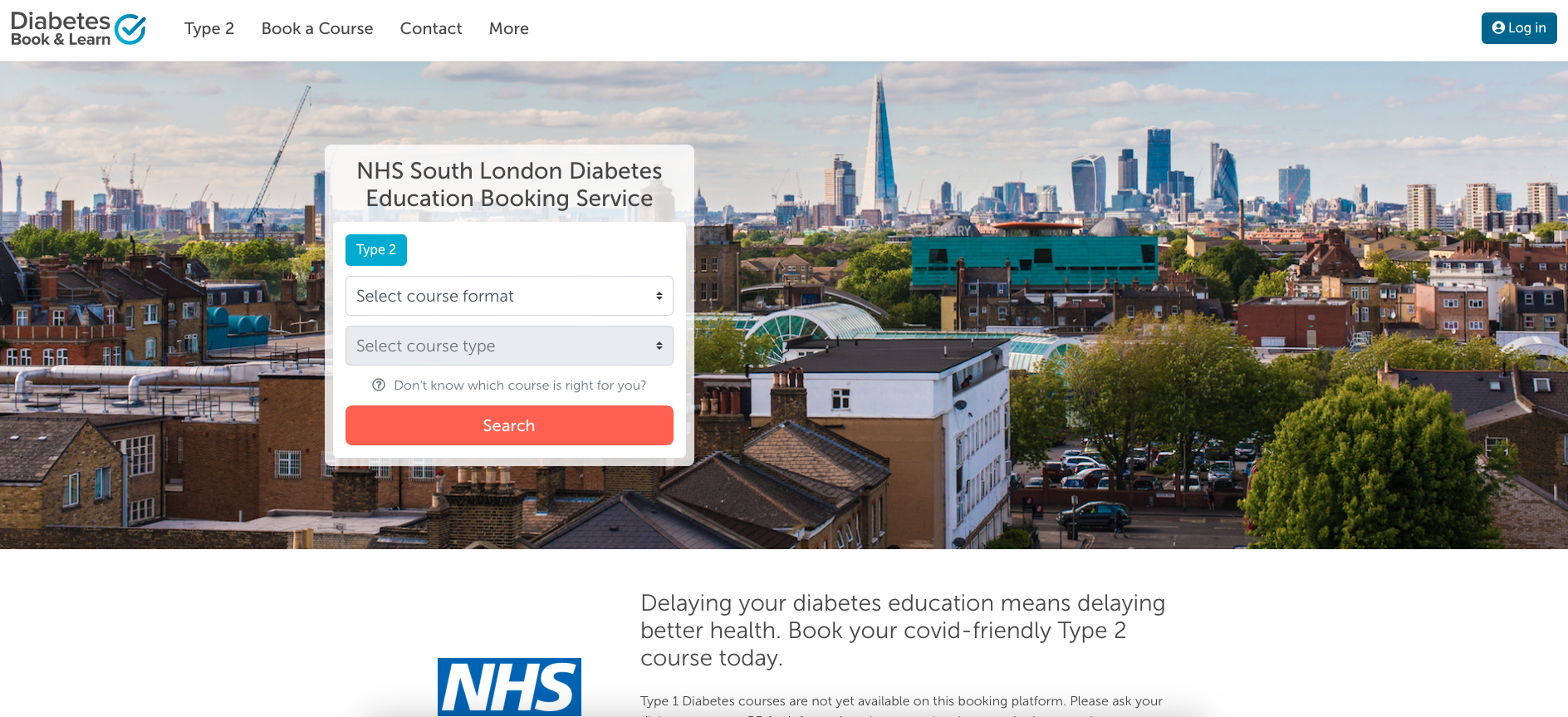 Screenshot of diabetes book and learn homepage. Large header image of South London overlaid with a search box. Main text reads: delaying your diabetes education means delaying better health. Book your covid-friendly type 2 course today.