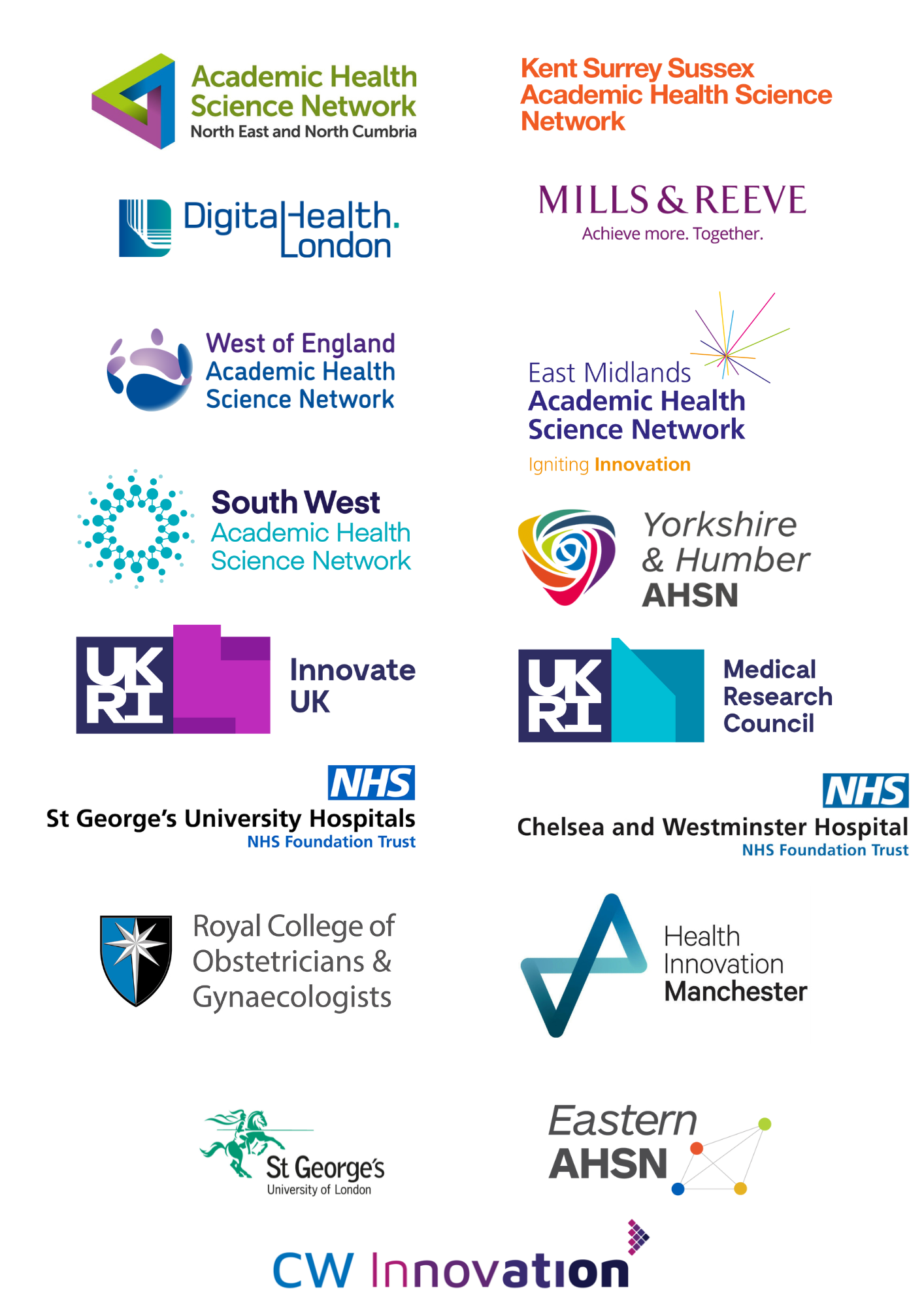Logos of AHSN NENC, KSS AHSN, DH.L, Mills & Reeve, WE AHSN, EM AHSN, YH AHSN, Innovate UK, Medical Research Council, CW Innovation