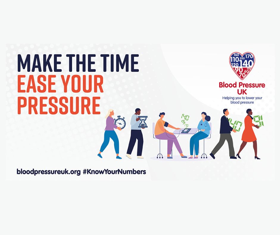 Make the time. Ease your pressure. Blood pressure UK. Helping you to lower your blood pressure. blood pressure dot org. hashtag know your numbers