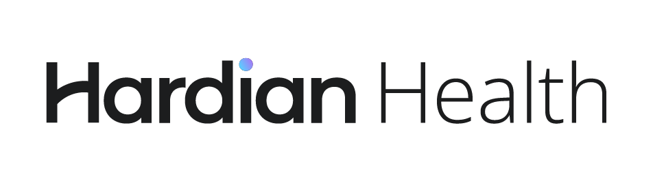 Hardian Health logo. Hardian bold black text with blue and purple dot about the 'i'. Health in black regular text.