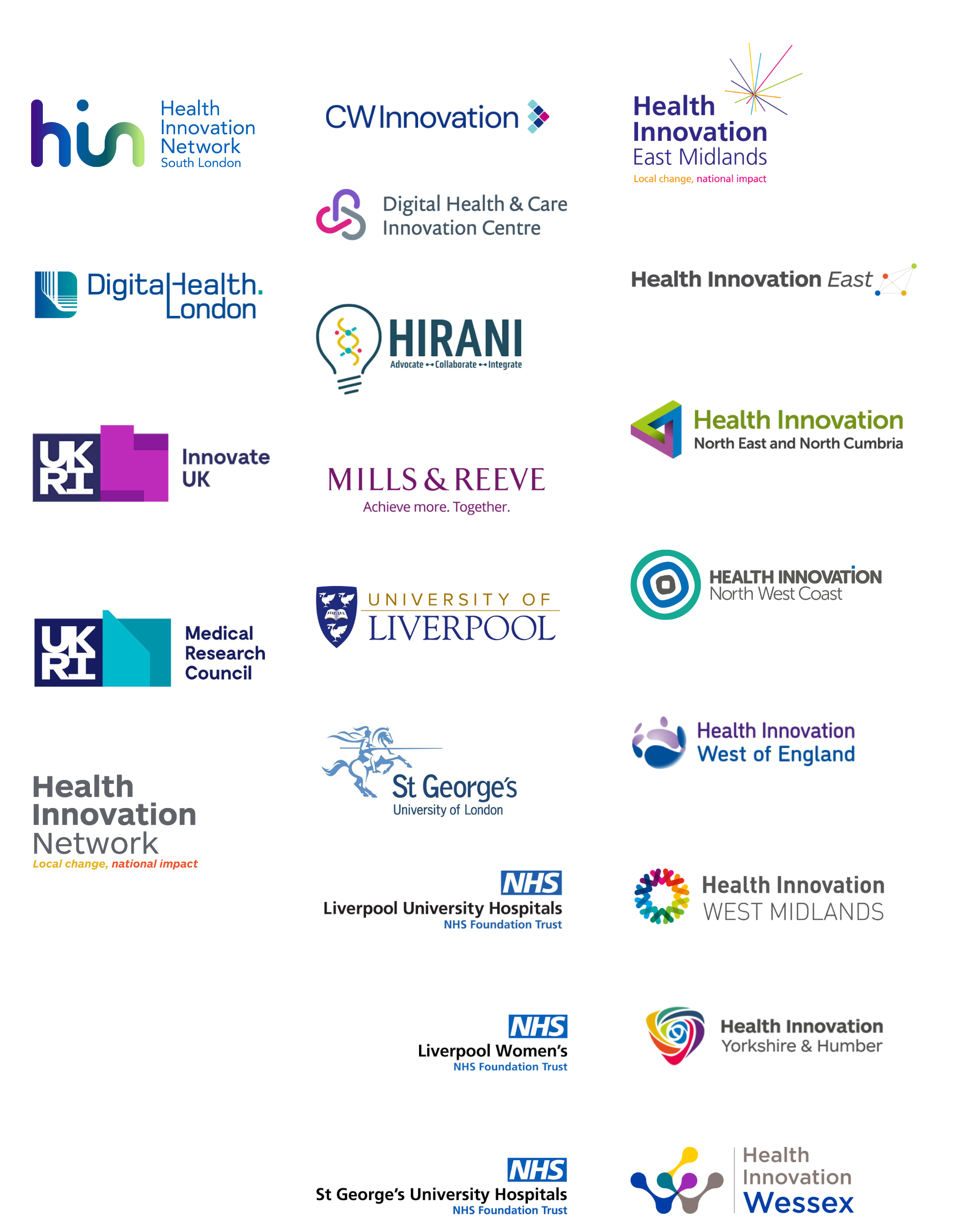 Logos for Innovate UK, Health Innovation Network South London, Health Innovation Network, Medical Research Council, Digital Health.London, DHI Scotland,   Eastern HIN,  EastMid HIN,  WestMid HIN,  NE and North Cumbria HIN,  Northwest Coast HIN,  West of England HIN,  Yorkshire and Humber HIN, HIRANI,  CW+