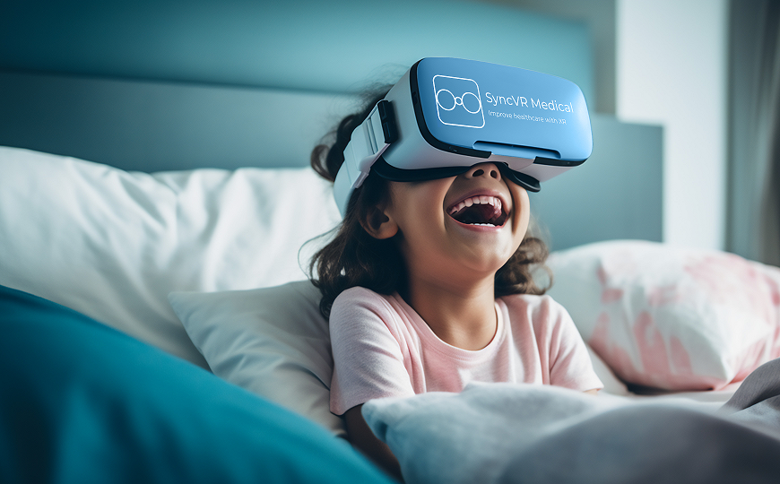 Child wearing a VR headset and laughing