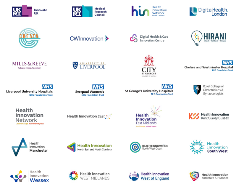 Logos for Innovate UK, Health Innovation Network South London, Health Innovation Network, Medical Research Council, Digital Health.London, DHI Scotland,   Eastern HIN,  EastMid HIN,  WestMid HIN,  NE and North Cumbria HIN,  Northwest Coast HIN,  West of England HIN,  Yorkshire and Humber HIN, HIRANI,  CW+