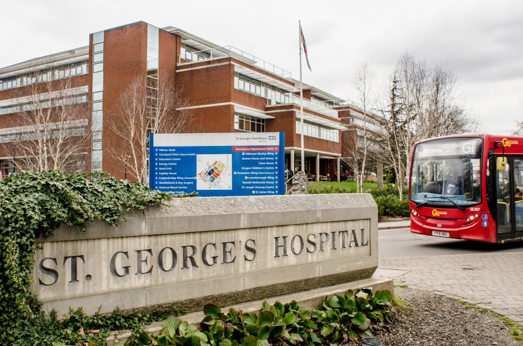 St George's Hospital Exterior With London Red Bus In Foreground