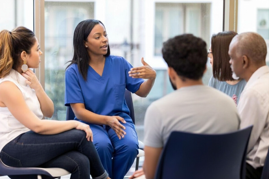 Clinician is with a group of people sat in chairs in a circle. The clinician is speaking to the group.