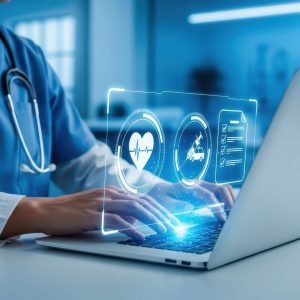 Healthcare professional using a laptop with digital health icons representing AI-enabled healthcare and clinical technology.