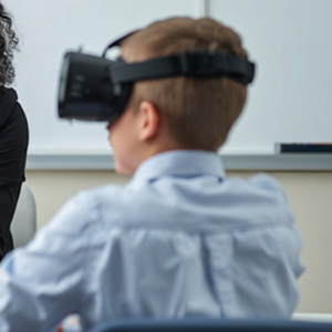 Person in a suit sits opposite two people at a table. One of the people is a child and wears a headset.